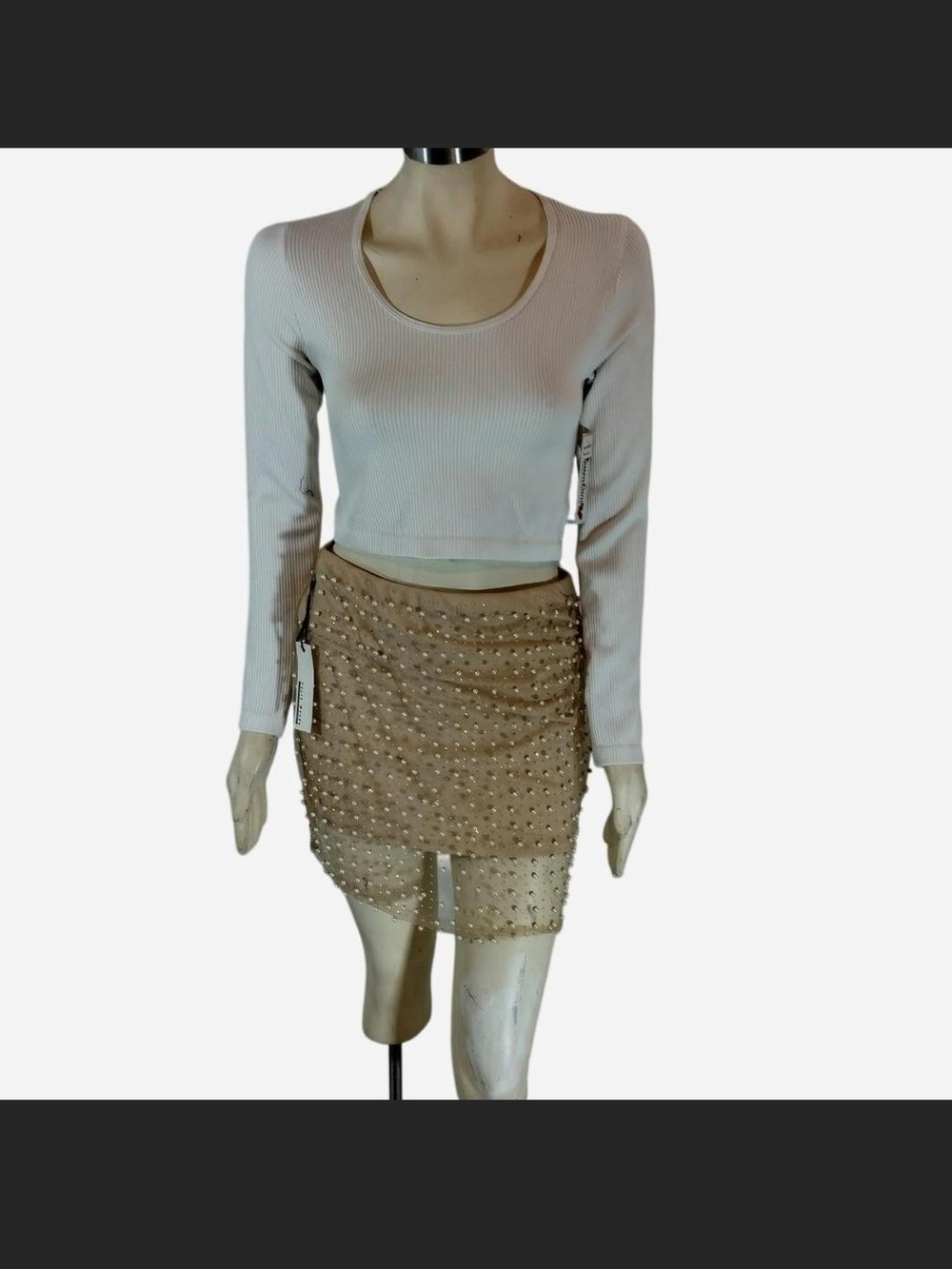 Haute Monde Nude Beaded Mesh Mini Skirt